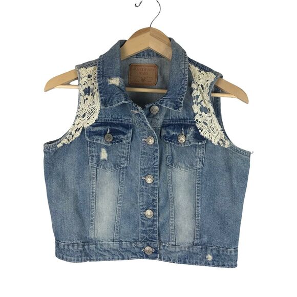 Amethyst Jeans Denim Vest Embellished Button Front Blue Distressed Lace Size Xl‎ - Picture 1 of 8